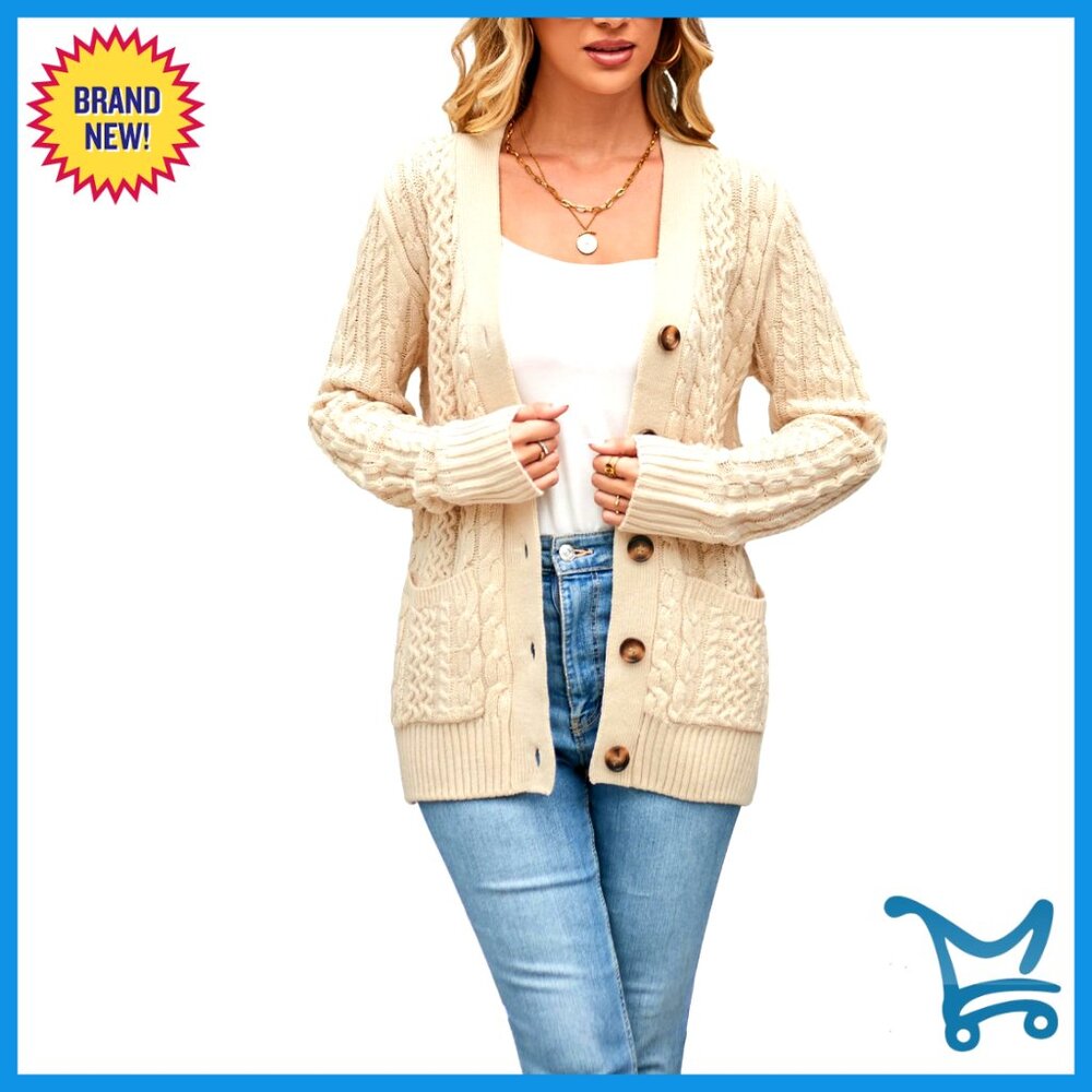 Chunky Cable Knit Cardigan Sweater Open Front Button Pockets Fall Winter